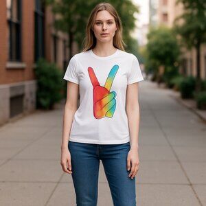 NWT CHASER Peace Sign Graphic Short Sleeve Tee Top  Tie Dye Rainbow Soft